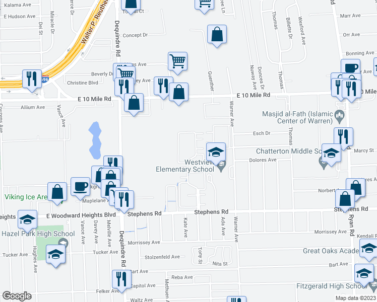 map of restaurants, bars, coffee shops, grocery stores, and more near 2409 Chalk Farm Road West in Warren