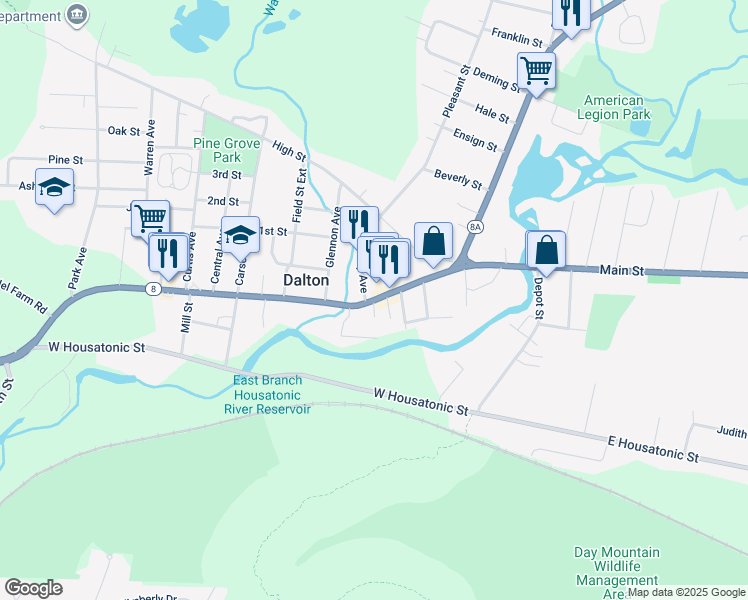 map of restaurants, bars, coffee shops, grocery stores, and more near Massachusetts 8 in Dalton
