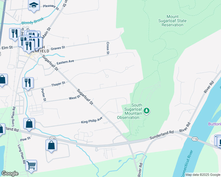 map of restaurants, bars, coffee shops, grocery stores, and more near 24 Mountain Road in Deerfield