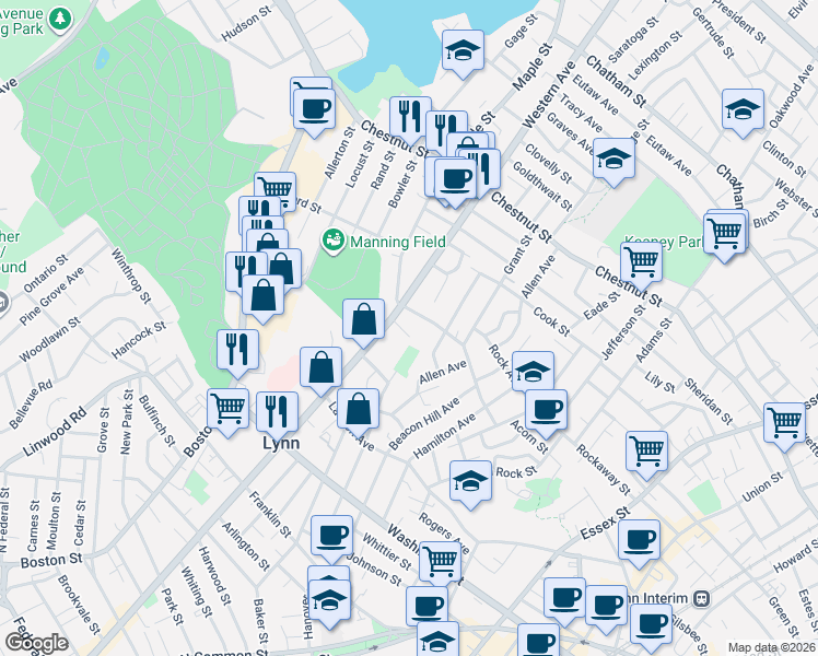 map of restaurants, bars, coffee shops, grocery stores, and more near 73 Hawthorne Street in Lynn
