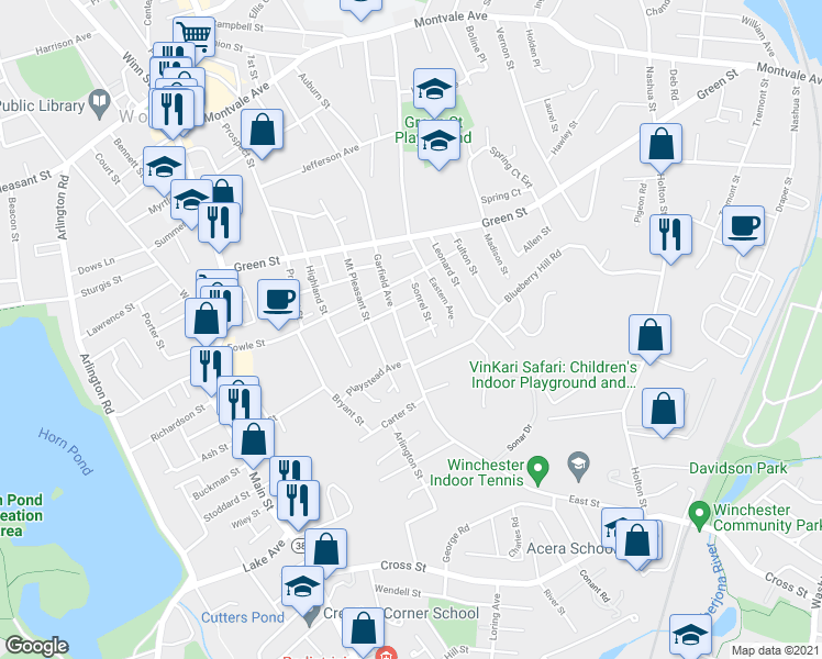 map of restaurants, bars, coffee shops, grocery stores, and more near 4 Blueberry Hill Road in Woburn