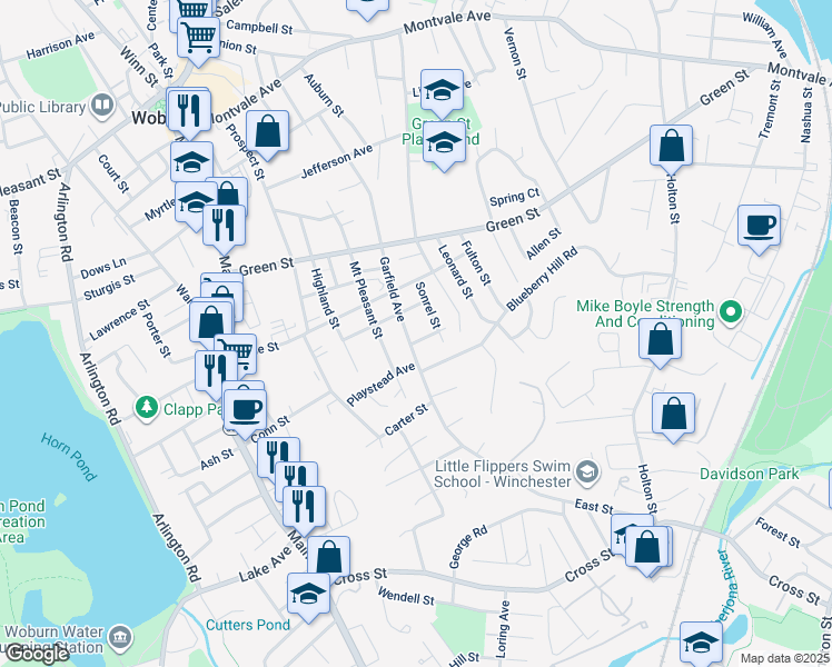 map of restaurants, bars, coffee shops, grocery stores, and more near 4 Blueberry Hill Road in Woburn