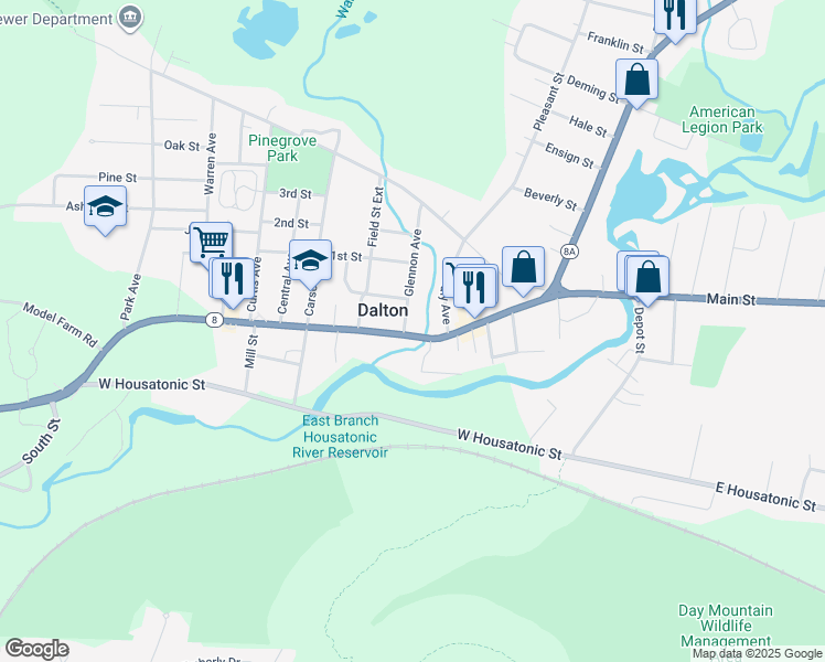map of restaurants, bars, coffee shops, grocery stores, and more near 574 Main Street in Dalton