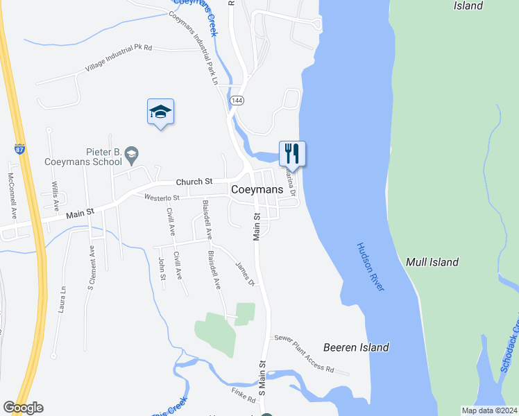 map of restaurants, bars, coffee shops, grocery stores, and more near 73 Main Street in Coeymans