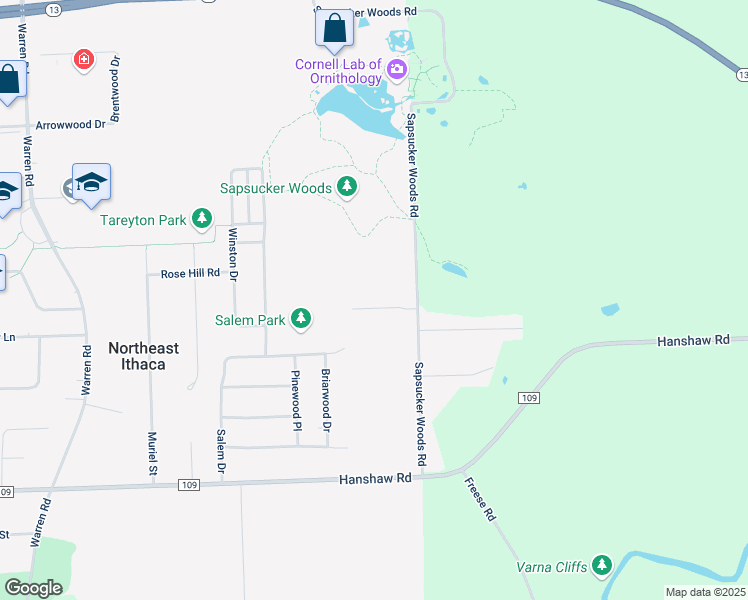 map of restaurants, bars, coffee shops, grocery stores, and more near 5 Sanctuary Drive in Ithaca