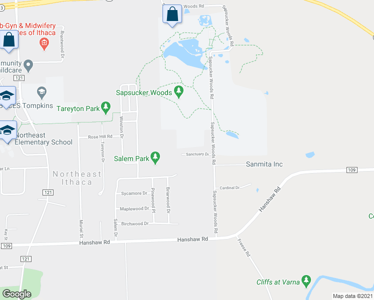 map of restaurants, bars, coffee shops, grocery stores, and more near 5 Sanctuary Drive in Ithaca