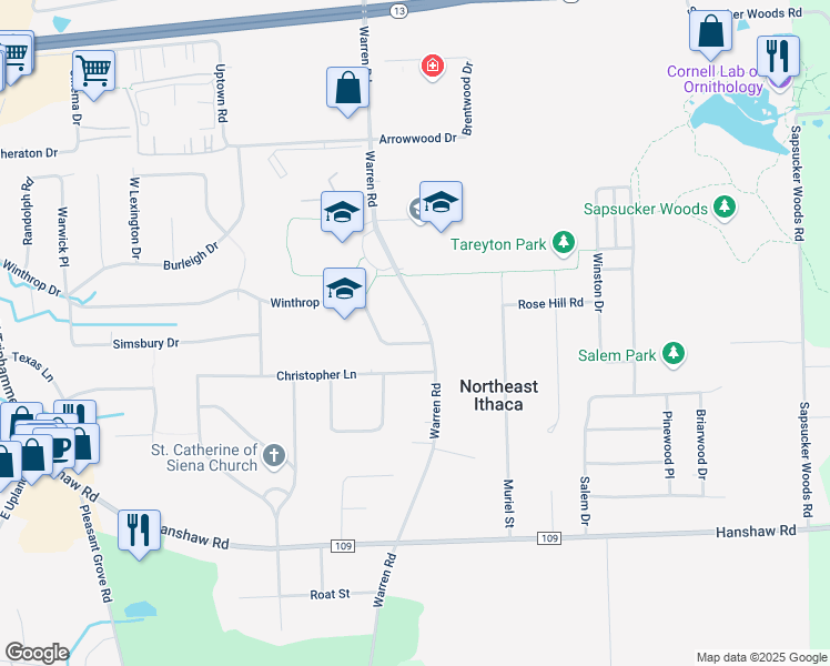 map of restaurants, bars, coffee shops, grocery stores, and more near 101 Christopher Lane in Ithaca