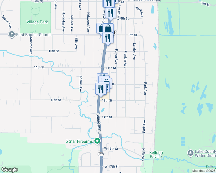 map of restaurants, bars, coffee shops, grocery stores, and more near Sheridan Road in Winthrop Harbor