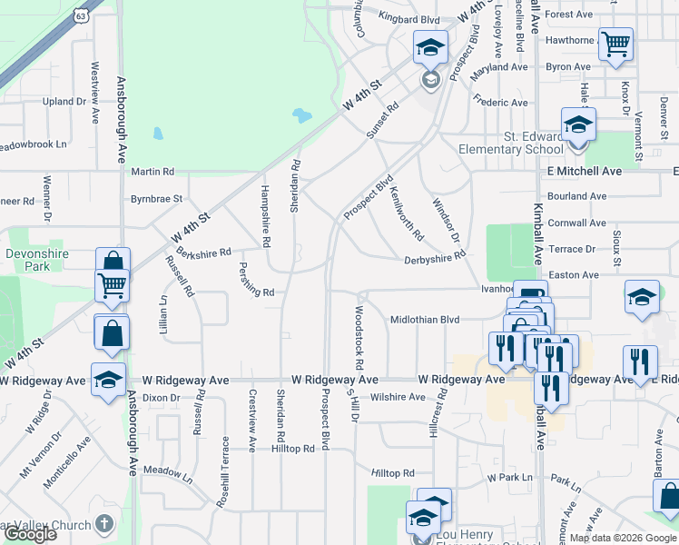 map of restaurants, bars, coffee shops, grocery stores, and more near 809 Prospect Boulevard in Waterloo
