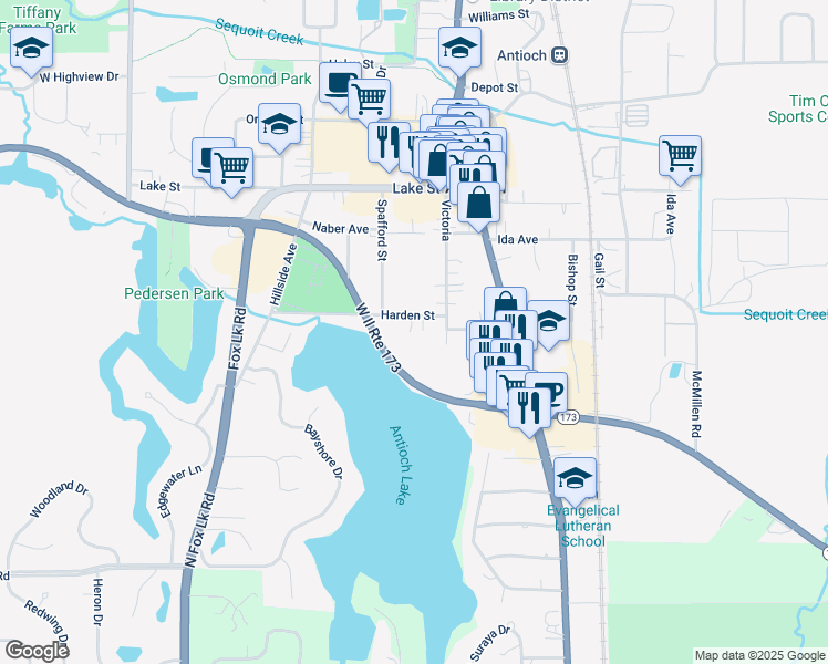 map of restaurants, bars, coffee shops, grocery stores, and more near 400 Harden Street in Antioch