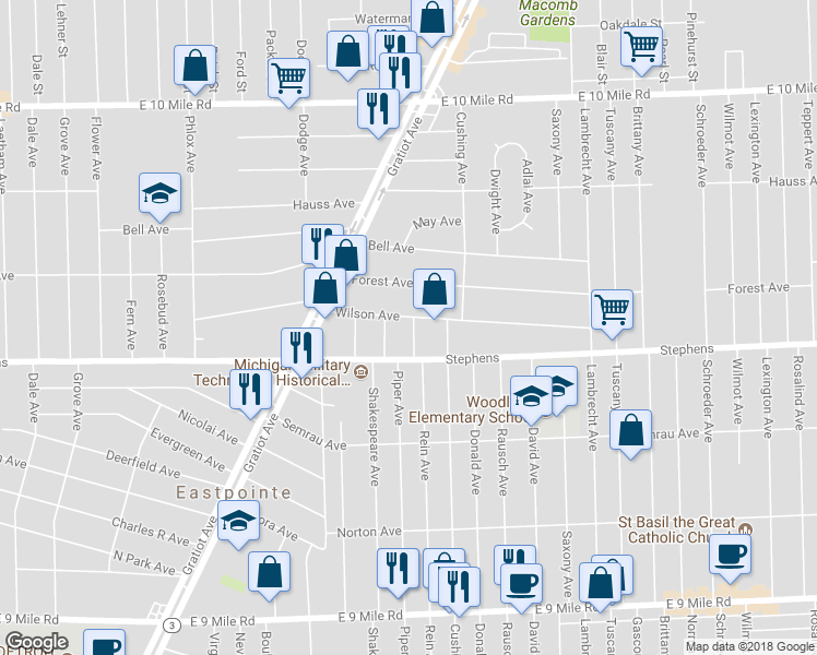 map of restaurants, bars, coffee shops, grocery stores, and more near 24259 Rein Avenue in Eastpointe