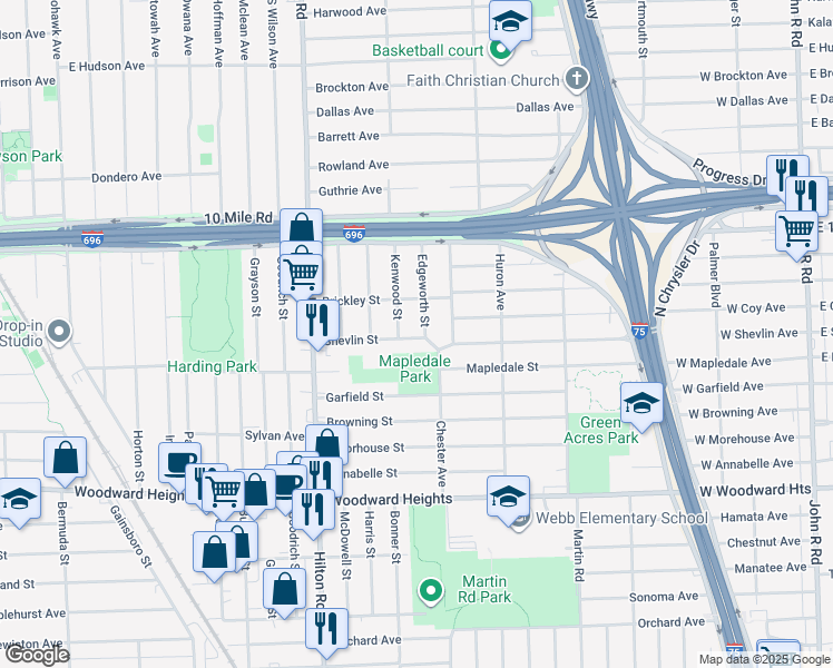 map of restaurants, bars, coffee shops, grocery stores, and more near 1860 Shevlin Street in Ferndale