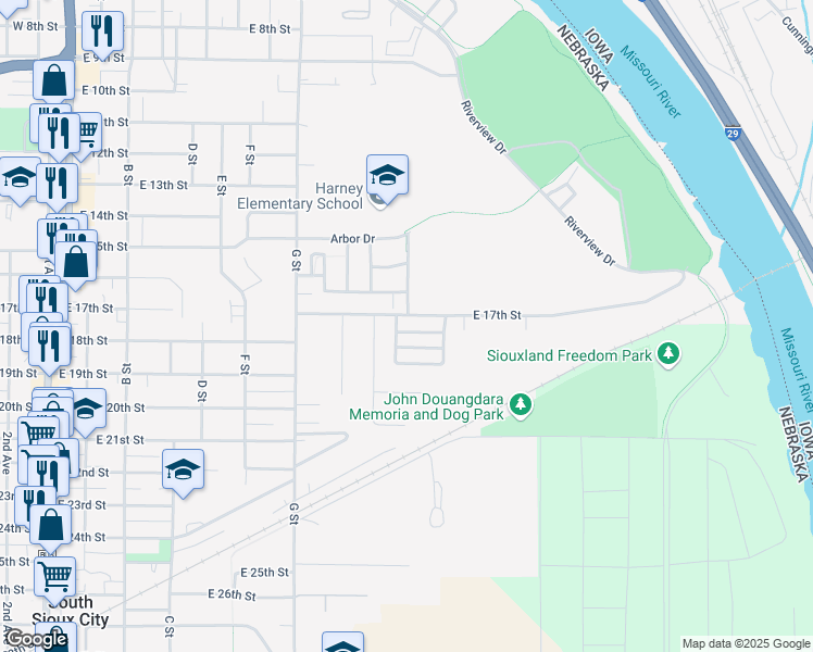map of restaurants, bars, coffee shops, grocery stores, and more near 1000 East 17th Street in South Sioux City