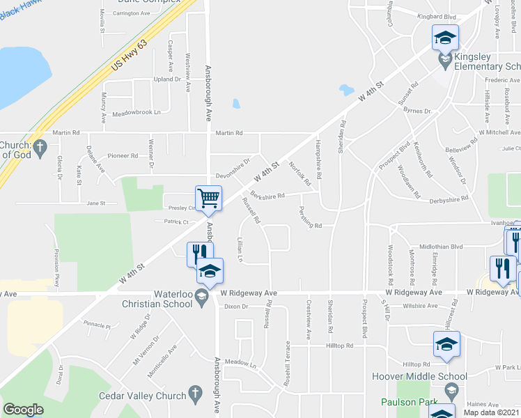 map of restaurants, bars, coffee shops, grocery stores, and more near 131 Russell Road in Waterloo