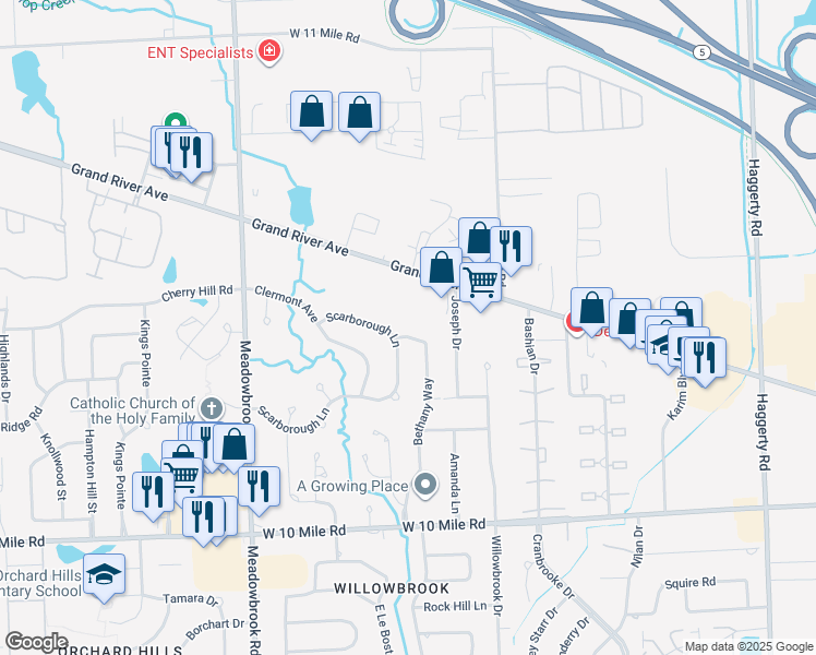 map of restaurants, bars, coffee shops, grocery stores, and more near 24750 Bethany Way in Novi