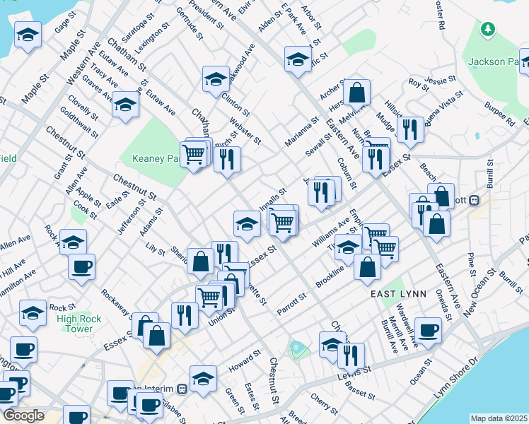 map of restaurants, bars, coffee shops, grocery stores, and more near 189 Chatham Street in Lynn