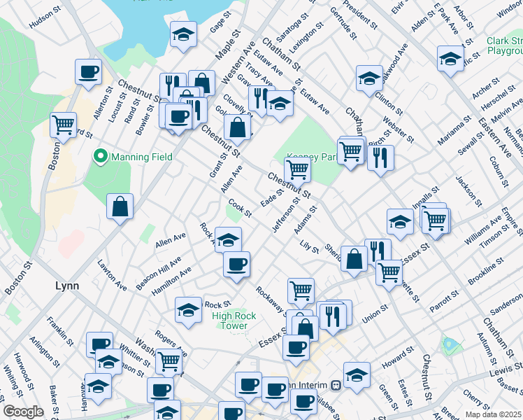 map of restaurants, bars, coffee shops, grocery stores, and more near 5 Hollingsworth Street in Lynn
