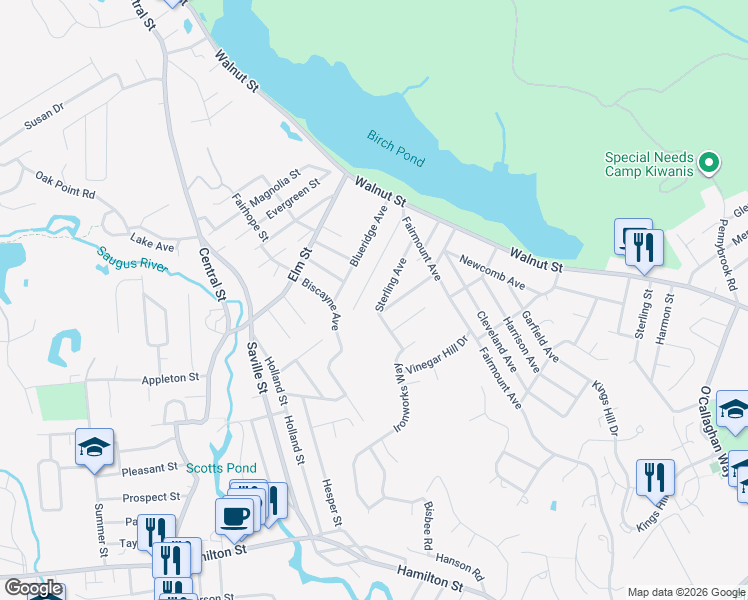 map of restaurants, bars, coffee shops, grocery stores, and more near 37 Sterling Avenue in Saugus