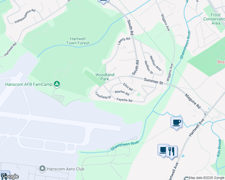 map of restaurants, bars, coffee shops, grocery stores, and more near 17 Fayette Road in Bedford