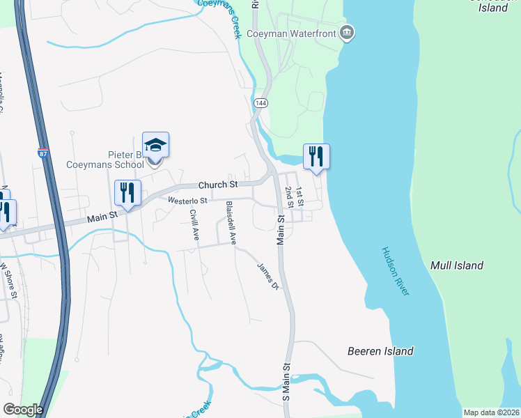map of restaurants, bars, coffee shops, grocery stores, and more near 10 Colvin Avenue in Ravena