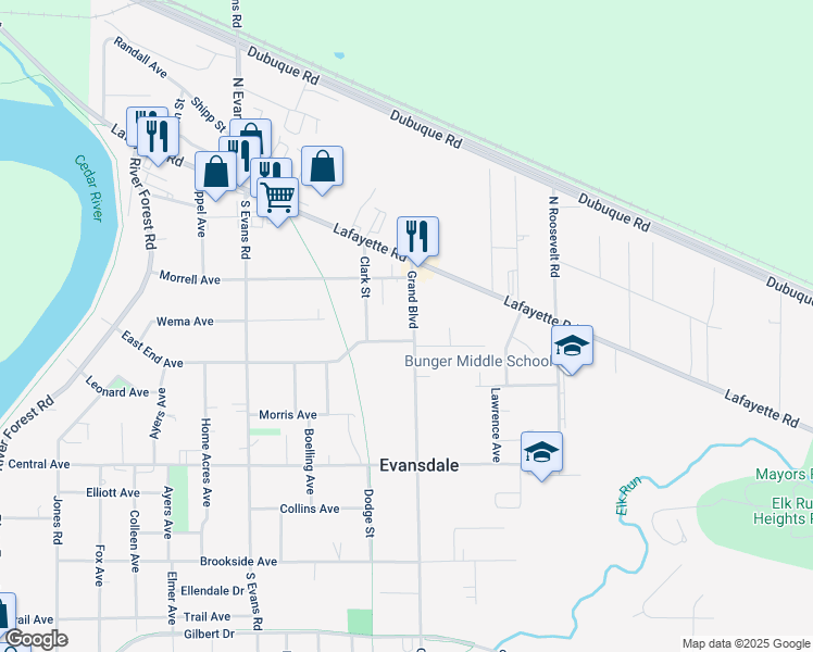 map of restaurants, bars, coffee shops, grocery stores, and more near 300 Grand Boulevard in Evansdale