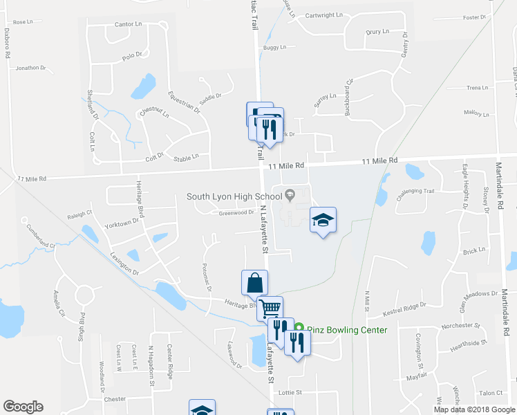 map of restaurants, bars, coffee shops, grocery stores, and more near 61083 Greenwood Drive in South Lyon