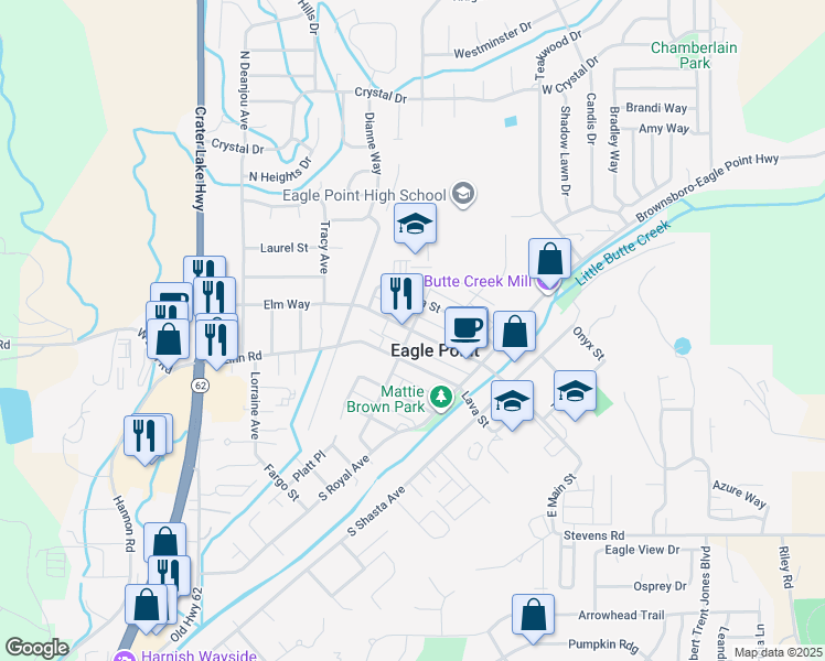 map of restaurants, bars, coffee shops, grocery stores, and more near West Main Street in Eagle Point