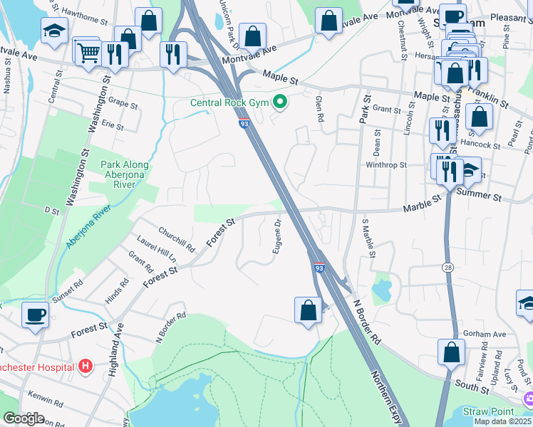 map of restaurants, bars, coffee shops, grocery stores, and more near 257 Forest Street in Winchester