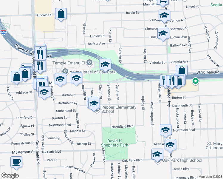 map of restaurants, bars, coffee shops, grocery stores, and more near 24651 Kenosha Street in Oak Park