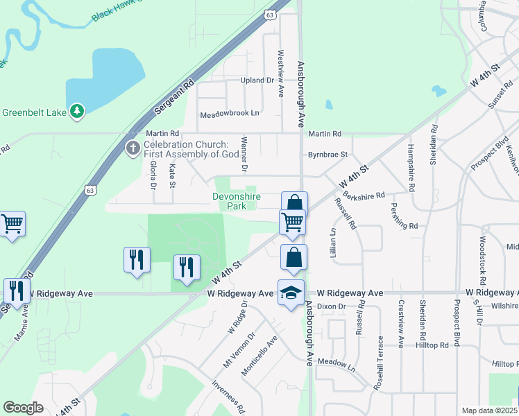 map of restaurants, bars, coffee shops, grocery stores, and more near Presley Cir in Waterloo