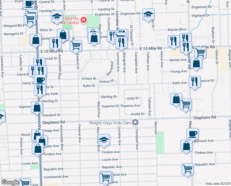 map of restaurants, bars, coffee shops, grocery stores, and more near 8774 Sterling Street in Center Line