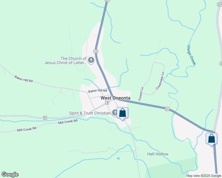 map of restaurants, bars, coffee shops, grocery stores, and more near 1-99 Center Street in Oneonta