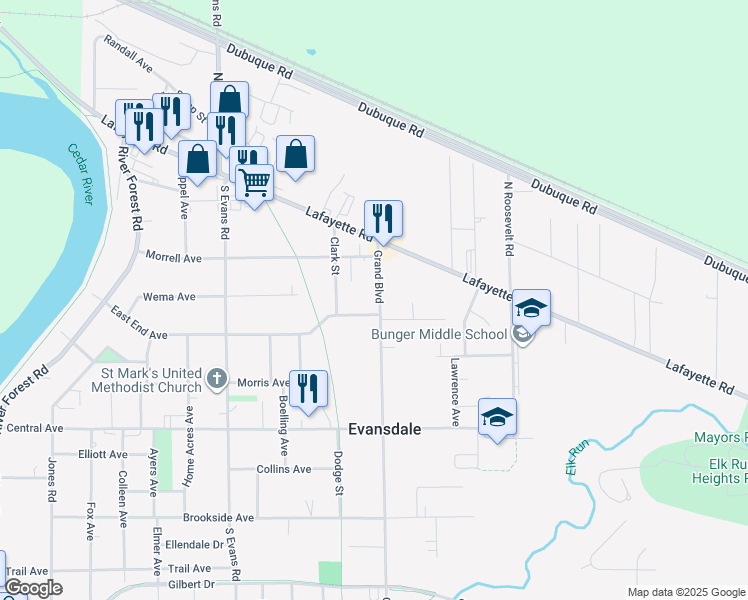 map of restaurants, bars, coffee shops, grocery stores, and more near 300 Grand Boulevard in Evansdale