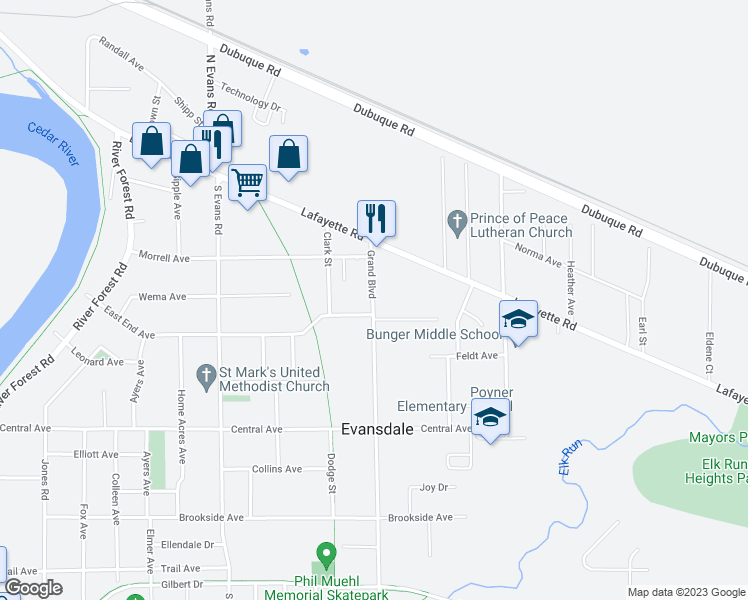 map of restaurants, bars, coffee shops, grocery stores, and more near 248 Grand Boulevard in Evansdale