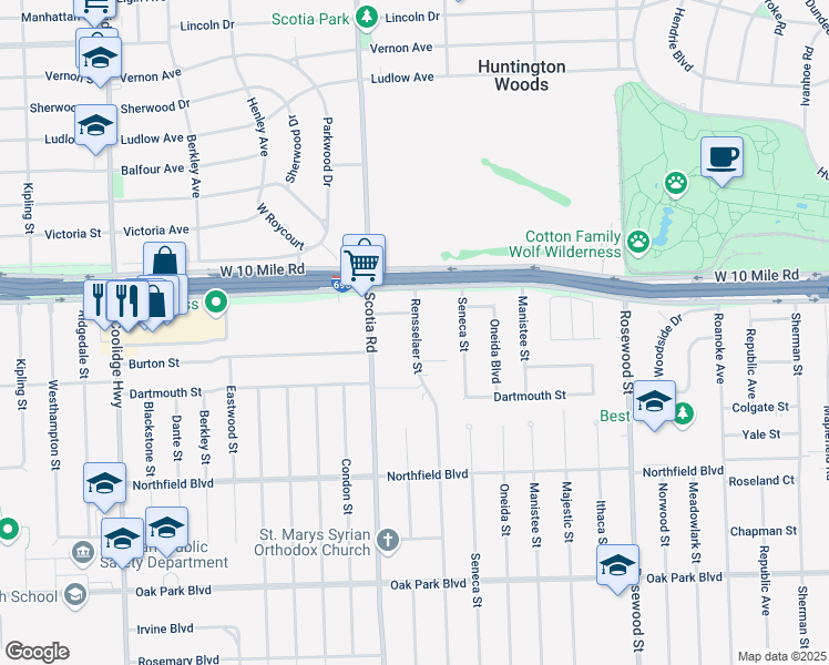 map of restaurants, bars, coffee shops, grocery stores, and more near 24642 Rensselaer Street in Oak Park