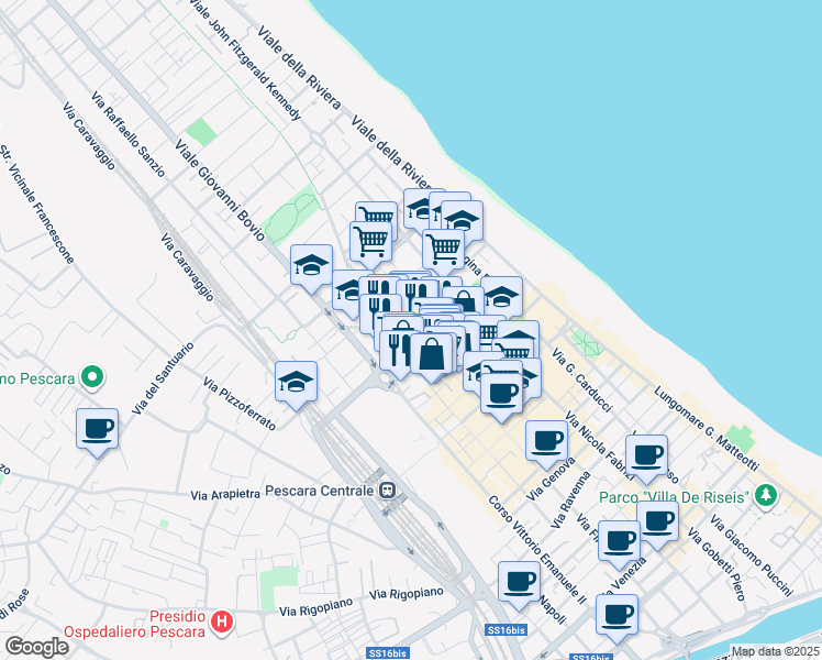 map of restaurants, bars, coffee shops, grocery stores, and more near 130 Via C. Battisti in Pescara