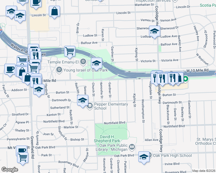map of restaurants, bars, coffee shops, grocery stores, and more near 14200 West 10 Mile Road in Oak Park