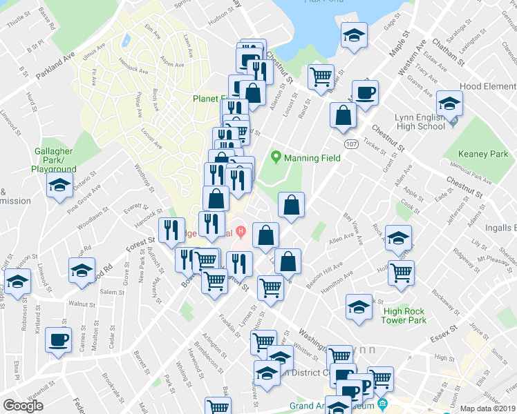 map of restaurants, bars, coffee shops, grocery stores, and more near 196 Locust Street in Lynn