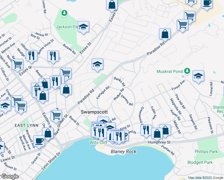 map of restaurants, bars, coffee shops, grocery stores, and more near 86 Farragut Road in Swampscott