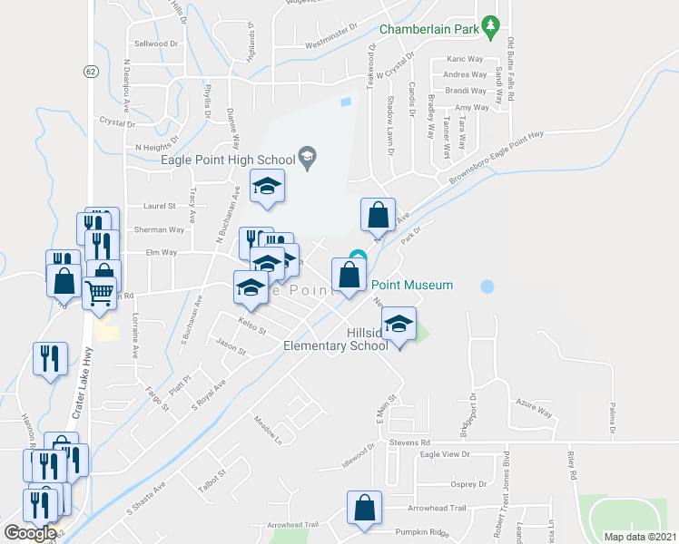 map of restaurants, bars, coffee shops, grocery stores, and more near 133 North Royal Avenue in Eagle Point
