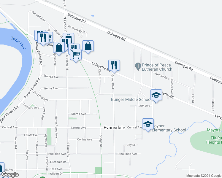 map of restaurants, bars, coffee shops, grocery stores, and more near 246 Grand Boulevard in Evansdale