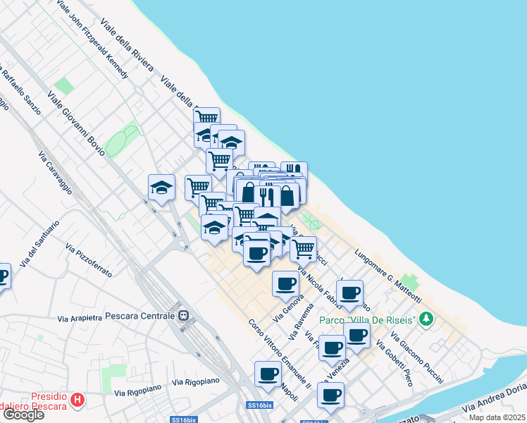 map of restaurants, bars, coffee shops, grocery stores, and more near 166 Via Giuseppe Mazzini in Pescara