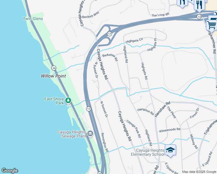 map of restaurants, bars, coffee shops, grocery stores, and more near 600 Cayuga Heights Road in Ithaca