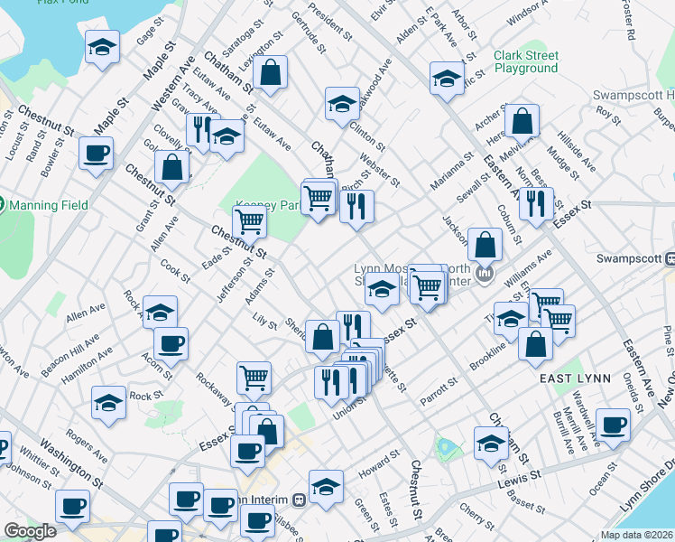 map of restaurants, bars, coffee shops, grocery stores, and more near 47 Marianna Street in Lynn