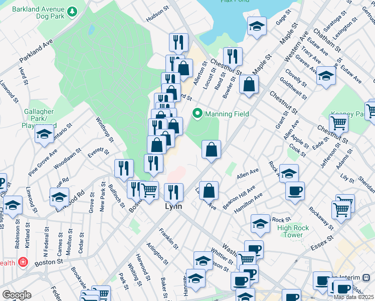 map of restaurants, bars, coffee shops, grocery stores, and more near 196 Locust Street in Lynn