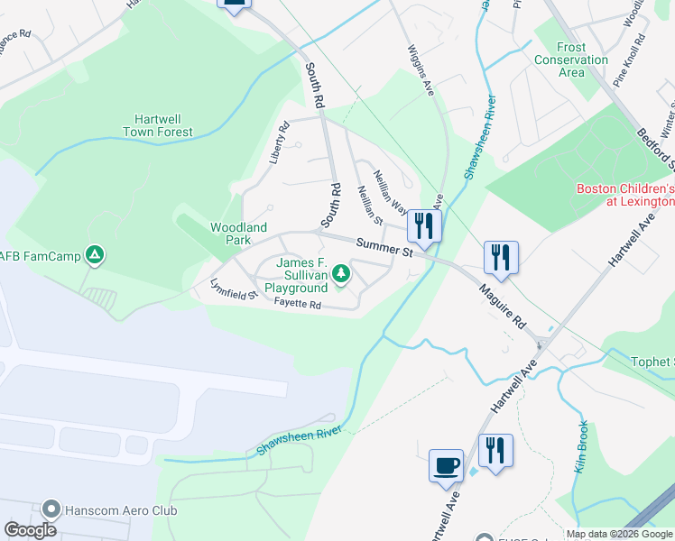 map of restaurants, bars, coffee shops, grocery stores, and more near 23 Summer Street in Bedford