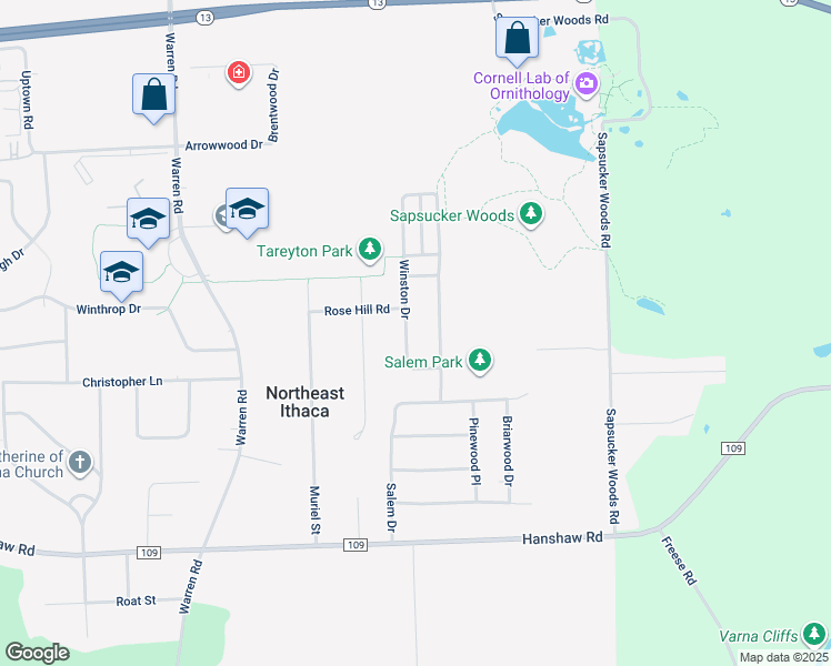 map of restaurants, bars, coffee shops, grocery stores, and more near 121 Winston Drive in Ithaca