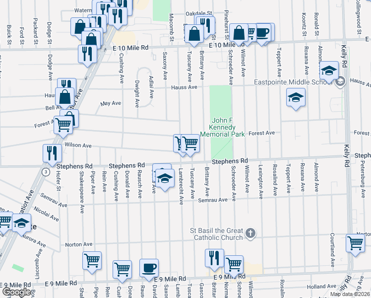 map of restaurants, bars, coffee shops, grocery stores, and more near 24456 Lambrecht Avenue in Eastpointe
