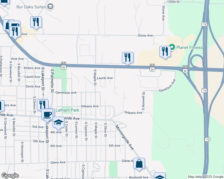 map of restaurants, bars, coffee shops, grocery stores, and more near 1600-1798 South Olive Street in Sioux City
