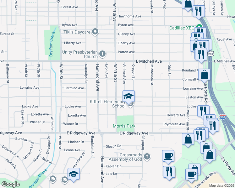 map of restaurants, bars, coffee shops, grocery stores, and more near 1630 West 11th Street in Waterloo